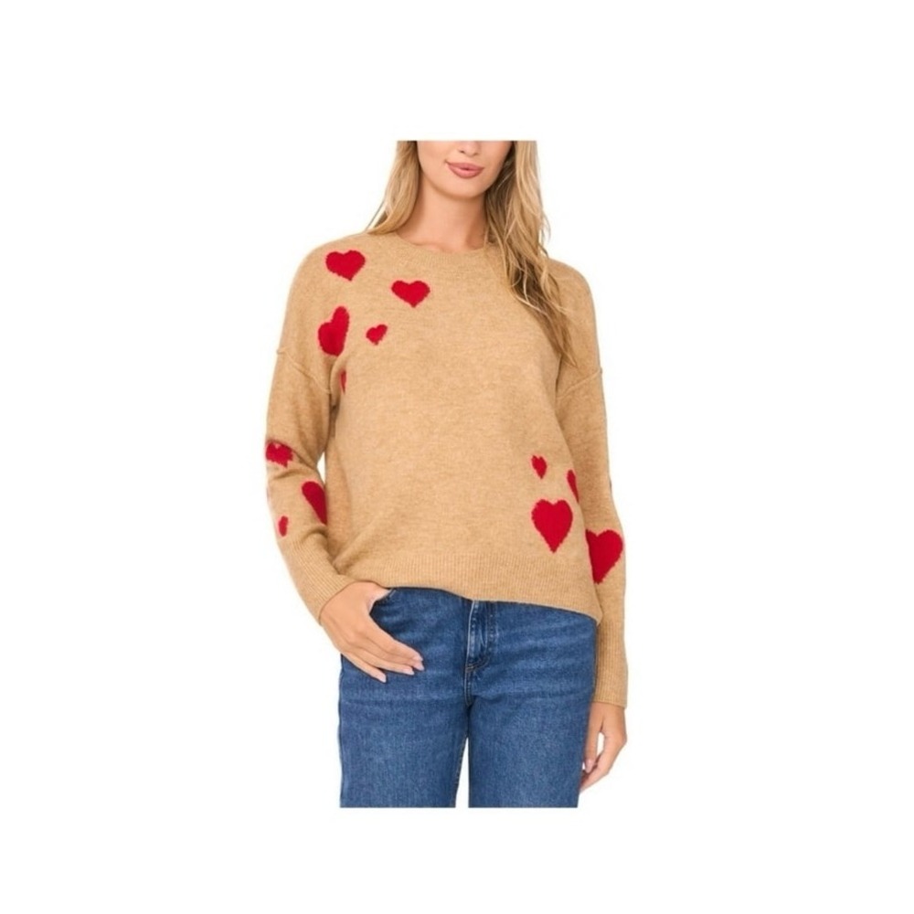 Vince Camuto Camel Crewneck Sweater with Red Hearts size XL